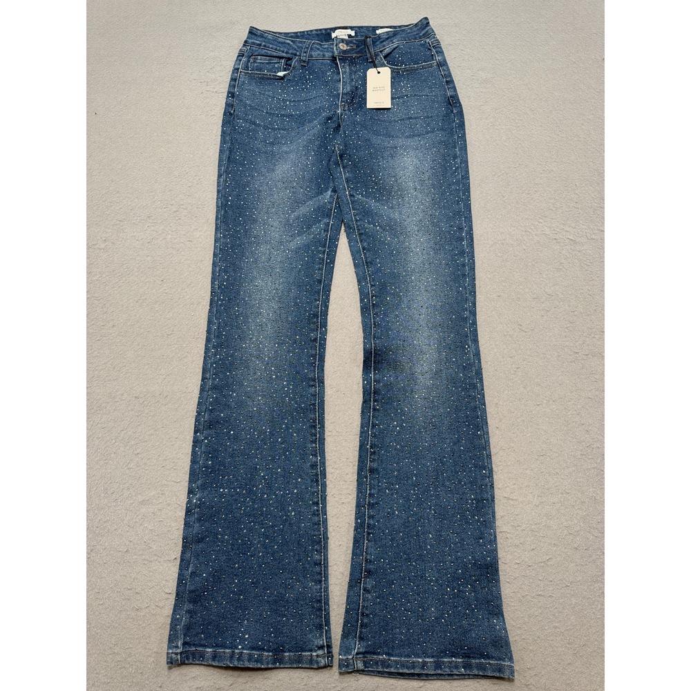 NEW Forever 21 Jeans Women's 28 Blue Mid Rise Bootcut Leg Rhinestone Embellished